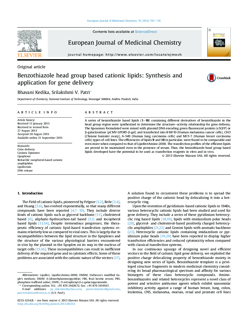 Benzothiazole head group based cationic lipids: Synthesis and application for gene delivery