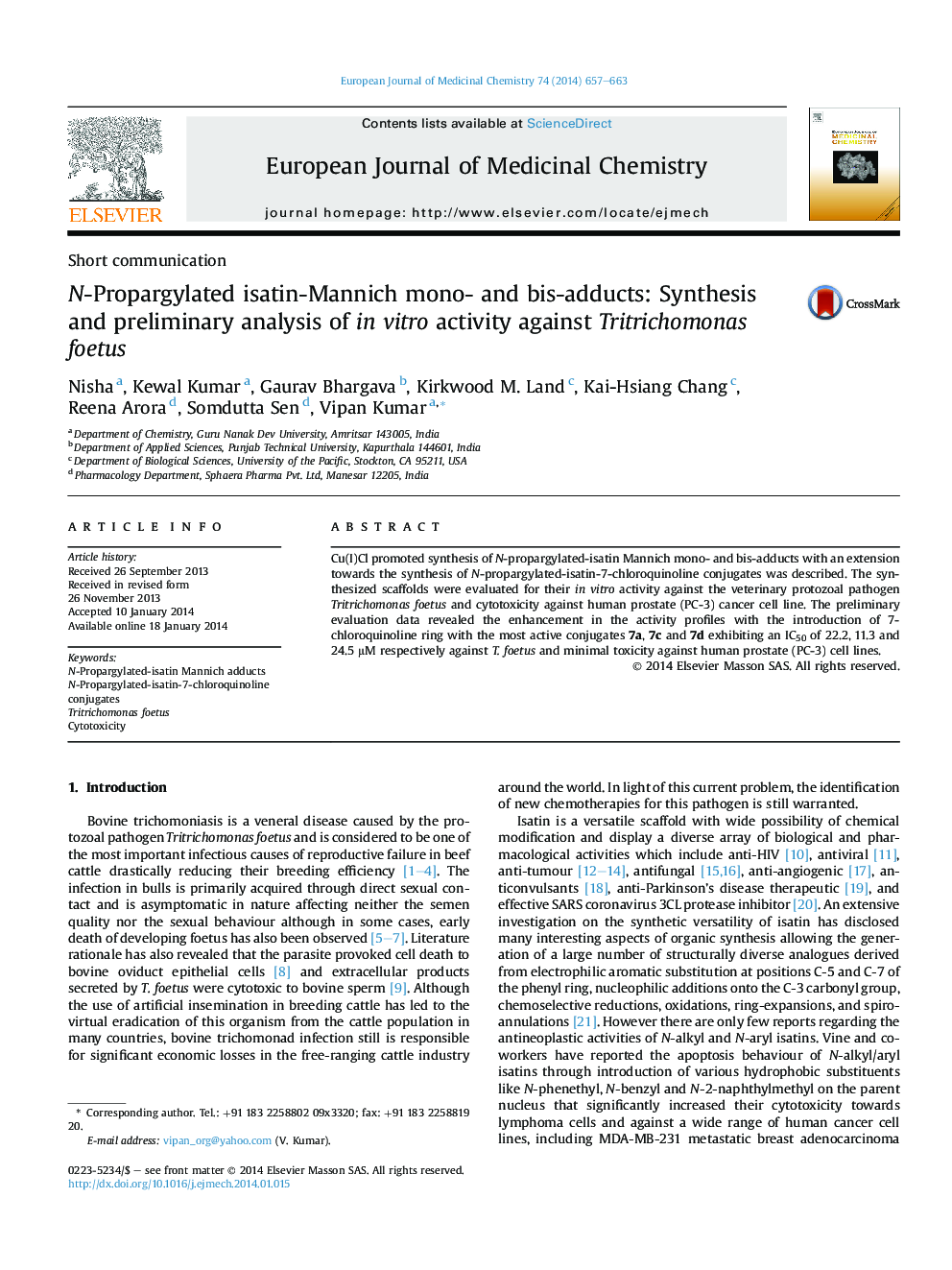 N-Propargylated isatin-Mannich mono- and bis-adducts: Synthesis and preliminary analysis of inÂ vitro activity against Tritrichomonas foetus