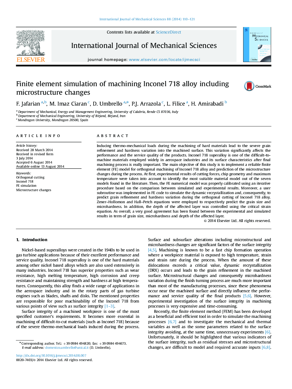 Finite element simulation of machining Inconel 718 alloy including microstructure changes