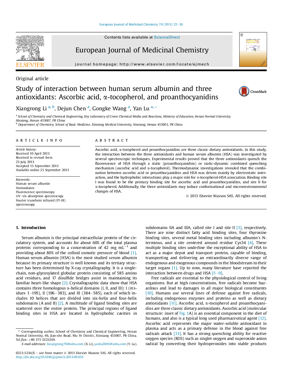 Study of interaction between human serum albumin and three antioxidants: Ascorbic acid, Î±-tocopherol, and proanthocyanidins