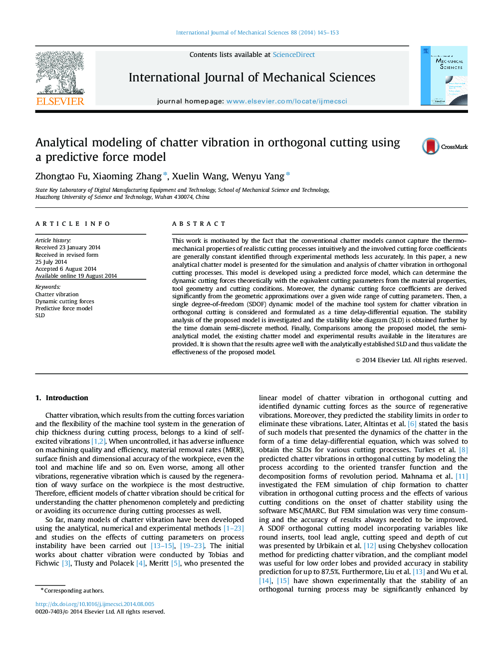 Analytical modeling of chatter vibration in orthogonal cutting using a predictive force model