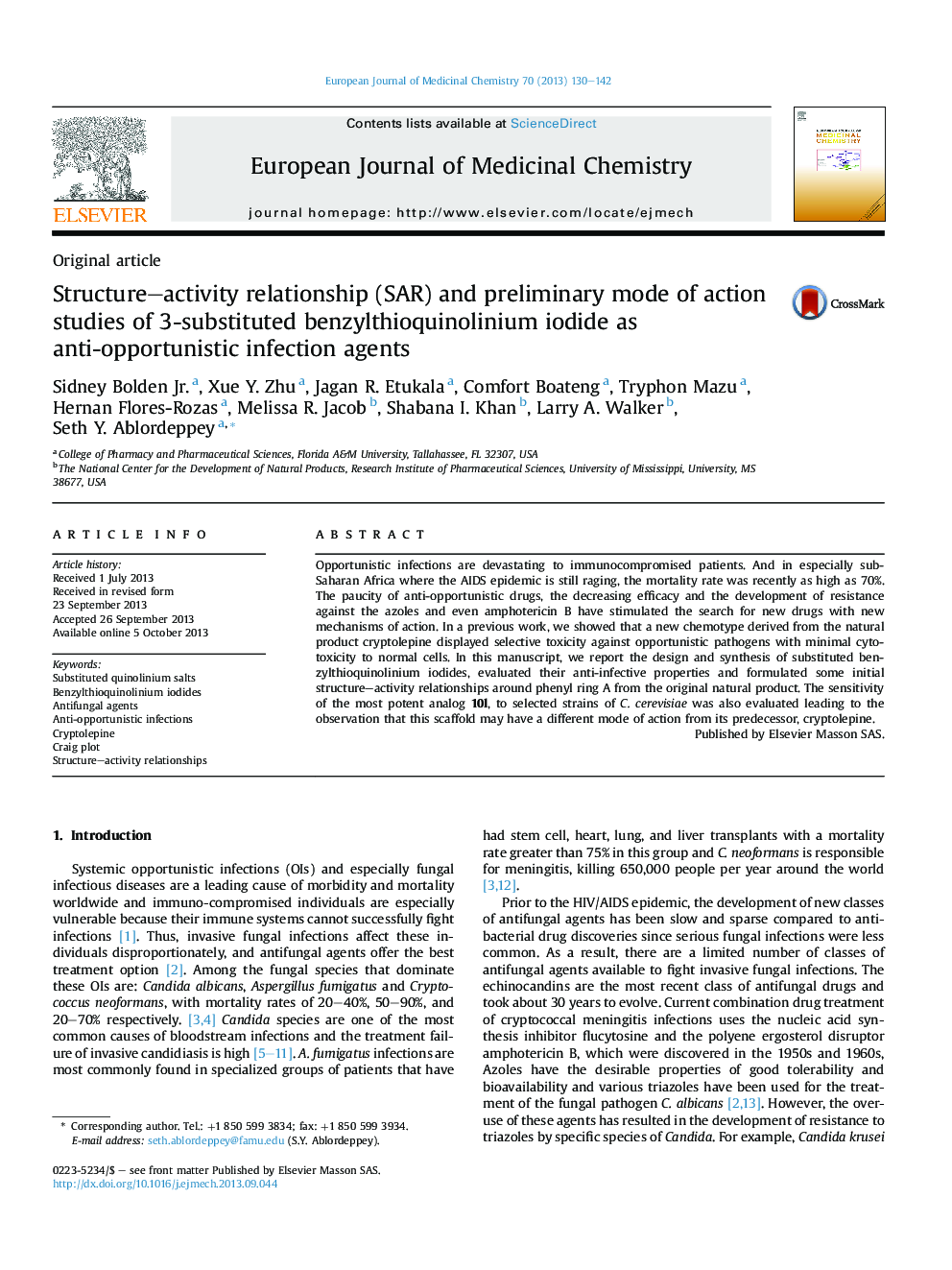 Structure-activity relationship (SAR) and preliminary mode of action studies of 3-substituted benzylthioquinolinium iodide as anti-opportunistic infection agents