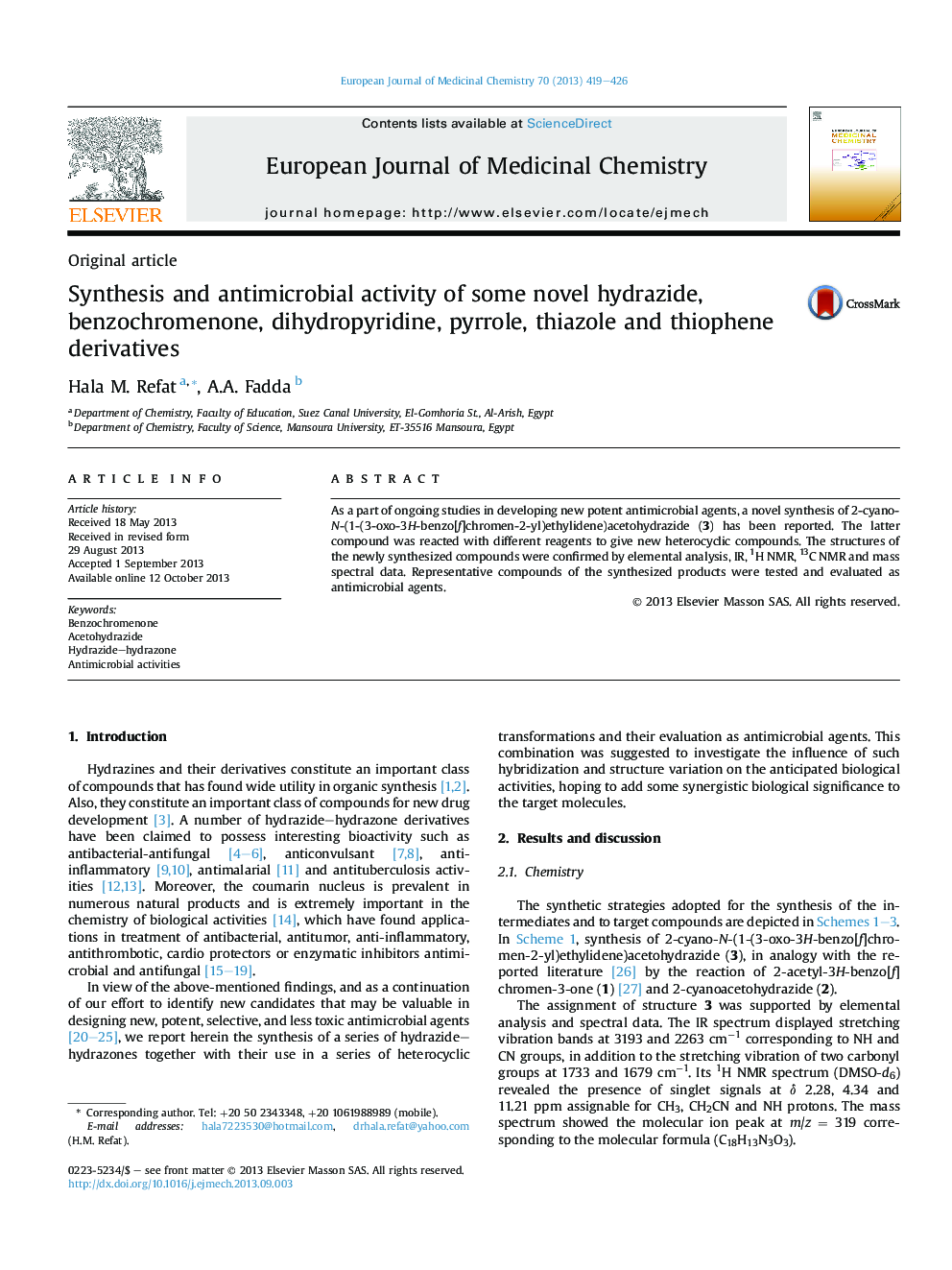 Synthesis and antimicrobial activity of some novel hydrazide, benzochromenone, dihydropyridine, pyrrole, thiazole and thiophene derivatives