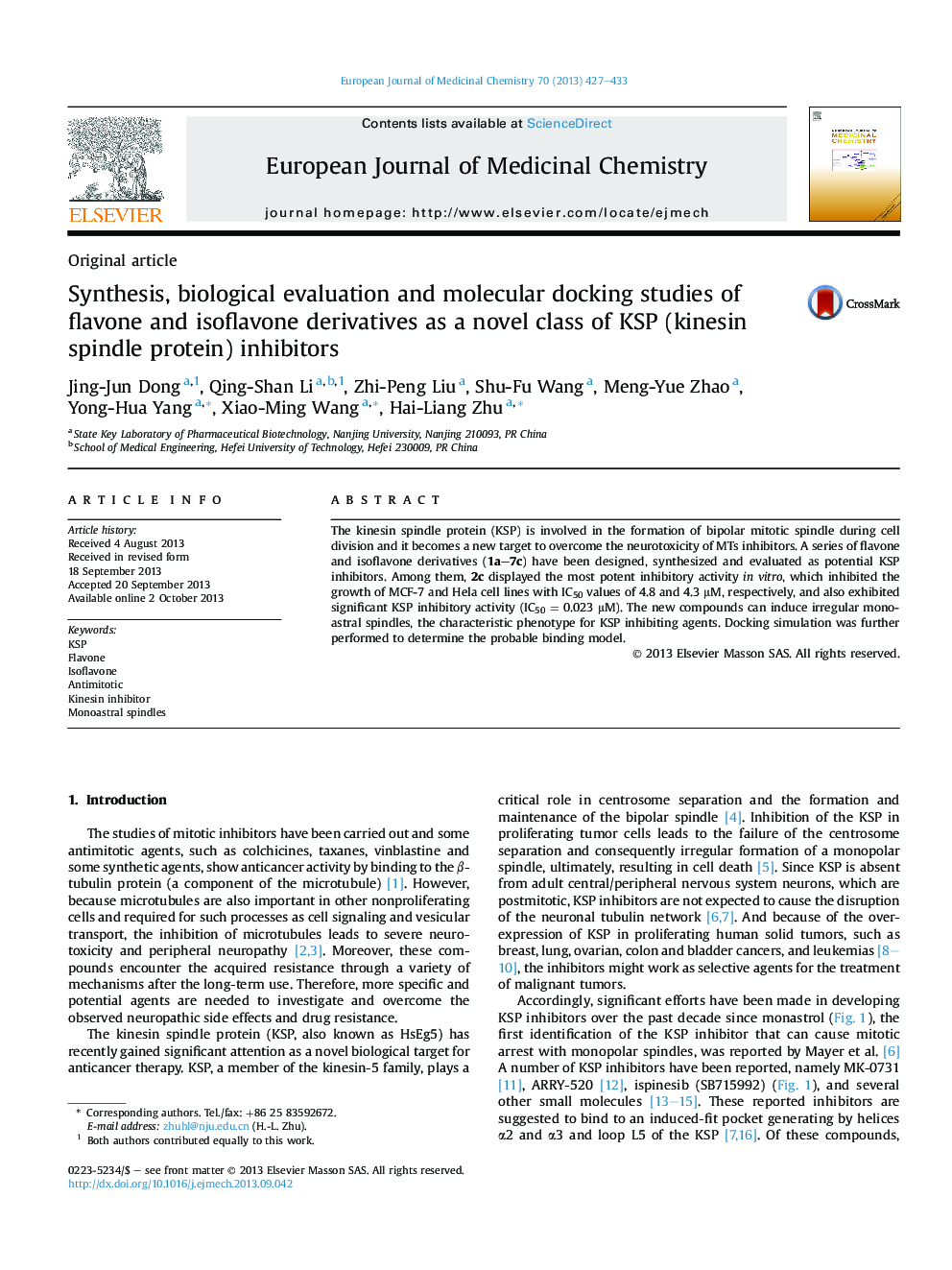 Synthesis, biological evaluation and molecular docking studies of flavone and isoflavone derivatives as a novel class of KSP (kinesin spindle protein) inhibitors