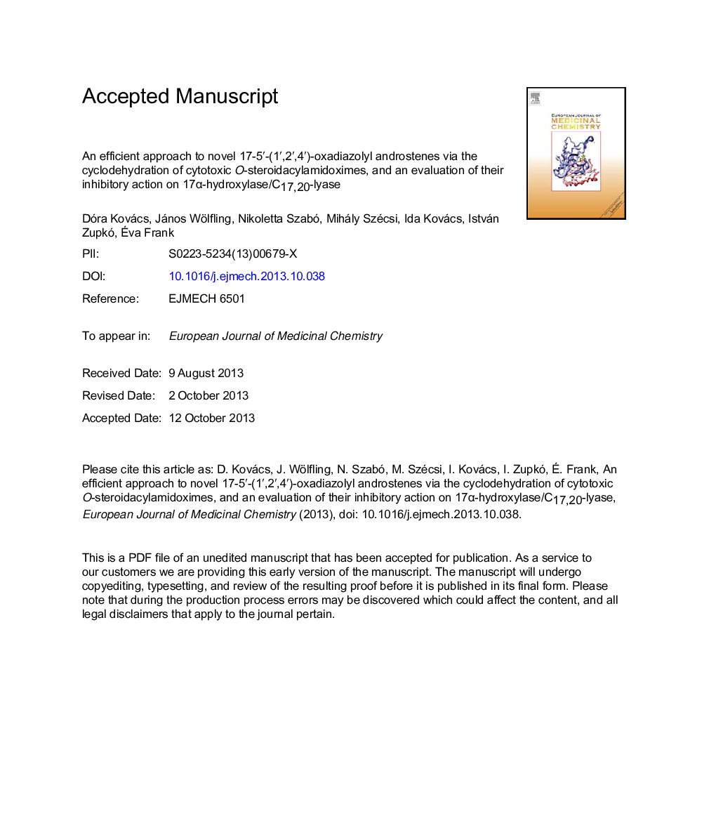 An efficient approach to novel 17-5â²-(1â²,2â²,4â²)-oxadiazolyl androstenes via the cyclodehydration of cytotoxic O-steroidacylamidoximes, andÂ an evaluation of their inhibitory action on 17Î±-hydroxylase/C17,20-lyase