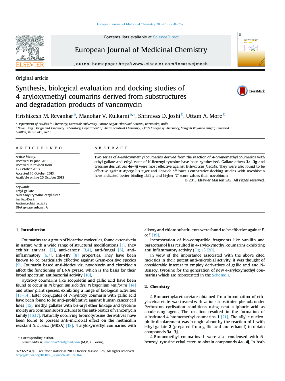 Synthesis, biological evaluation and docking studies of 4-aryloxymethyl coumarins derived from substructures and degradation products of vancomycin