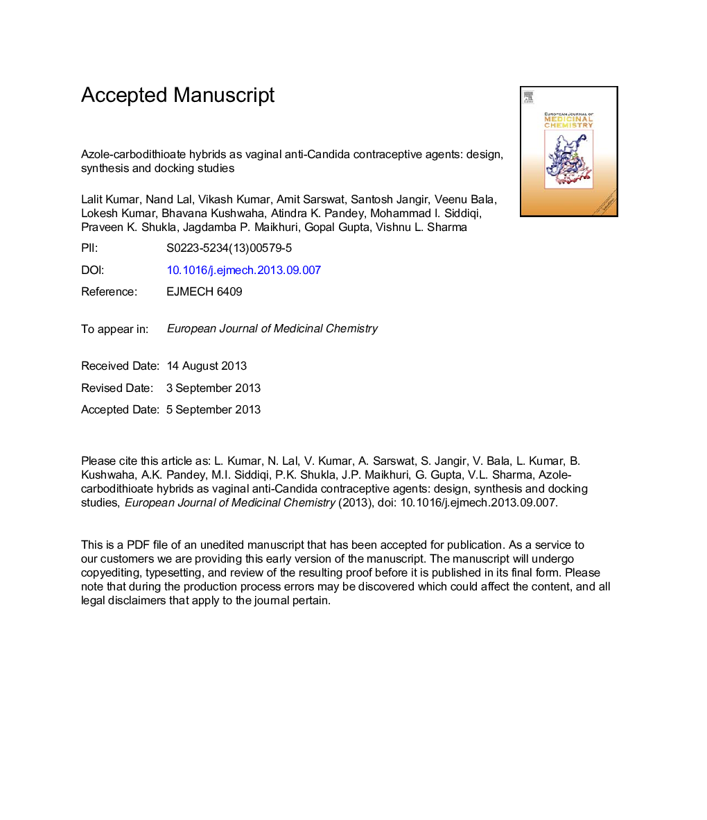 Azole-carbodithioate hybrids as vaginal anti-Candida contraceptive agents: Design, synthesis and docking studies