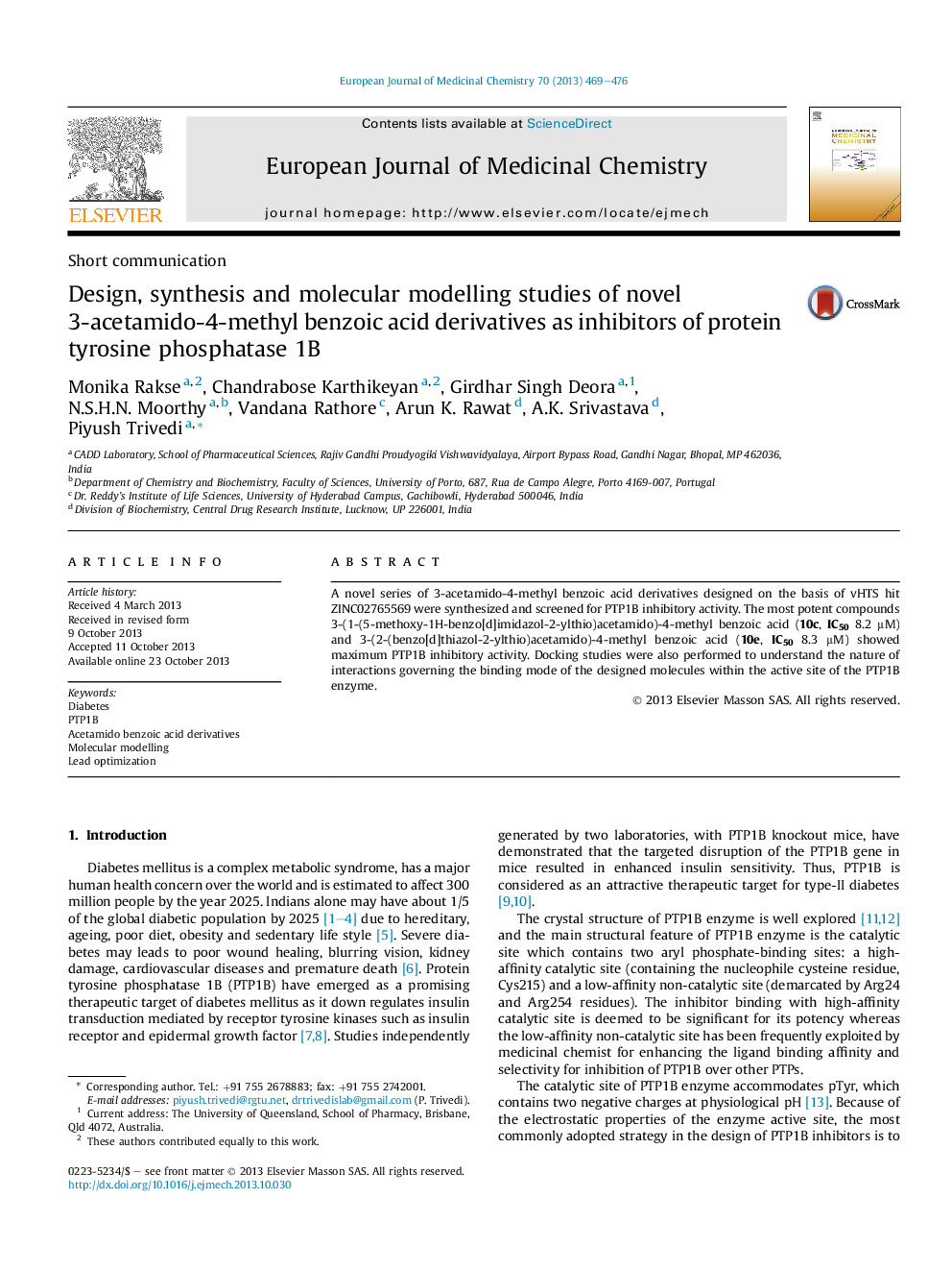 Design, synthesis and molecular modelling studies of novel 3-acetamido-4-methyl benzoic acid derivatives as inhibitors of protein tyrosine phosphatase 1B