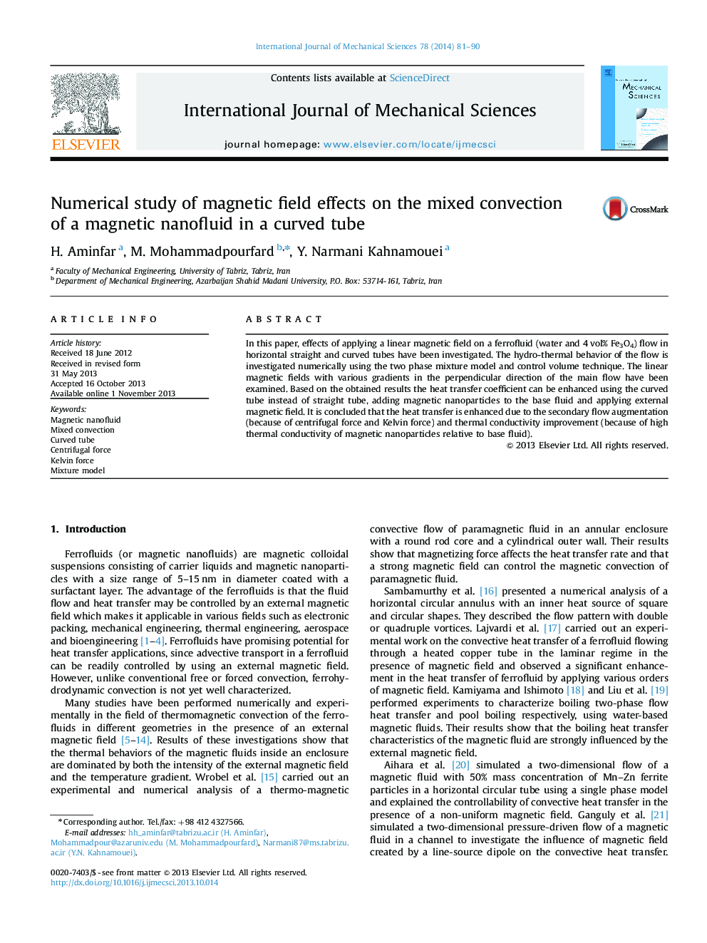 Numerical study of magnetic field effects on the mixed convection of a magnetic nanofluid in a curved tube