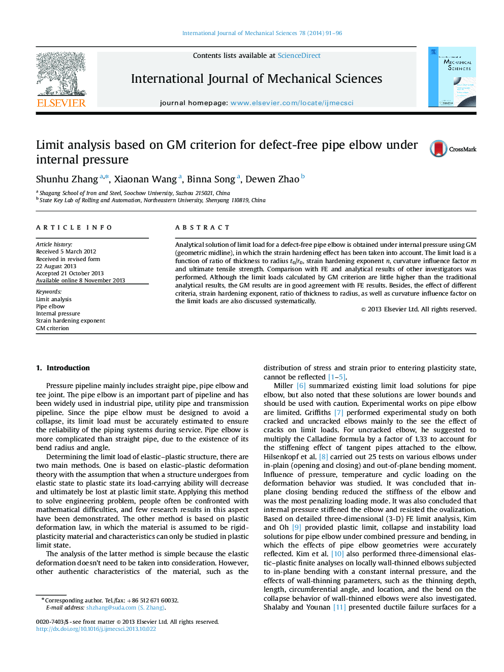 Limit analysis based on GM criterion for defect-free pipe elbow under internal pressure