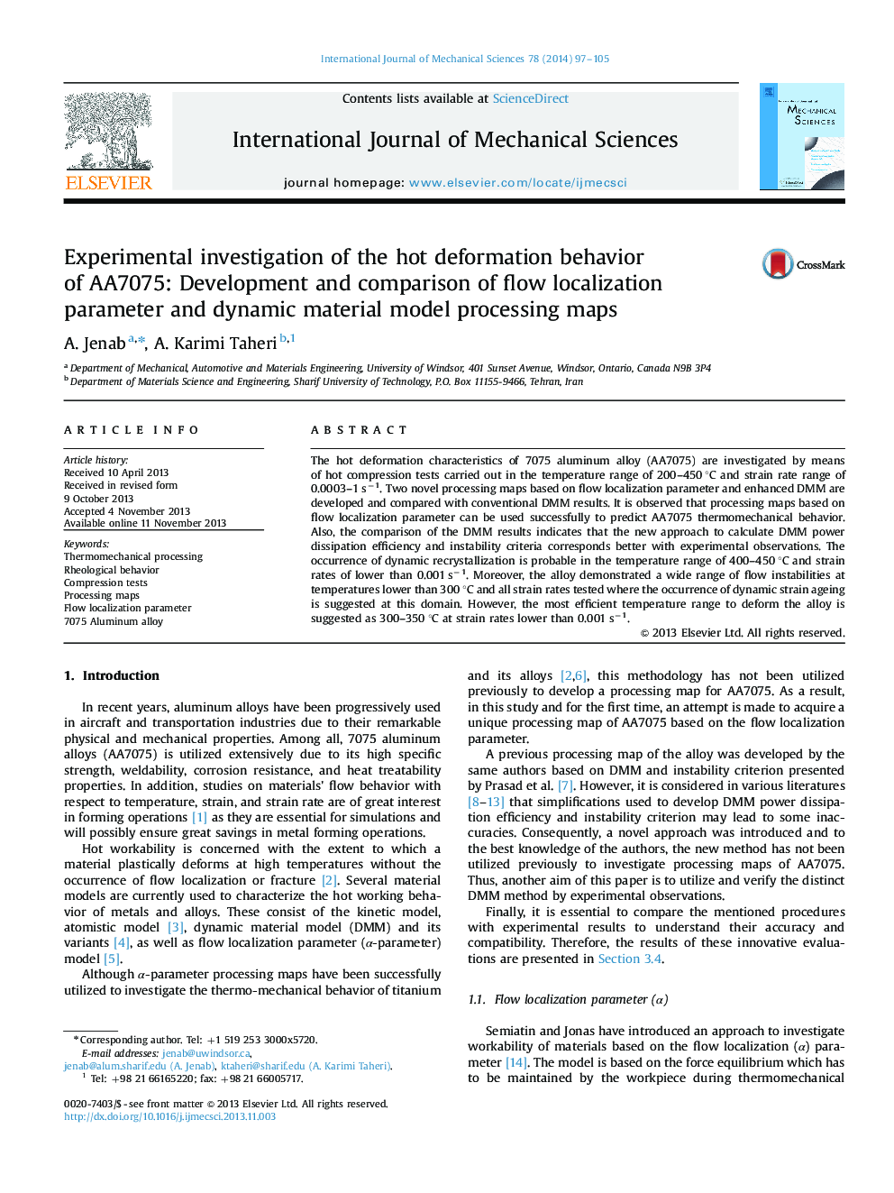 Experimental investigation of the hot deformation behavior of AA7075: Development and comparison of flow localization parameter and dynamic material model processing maps