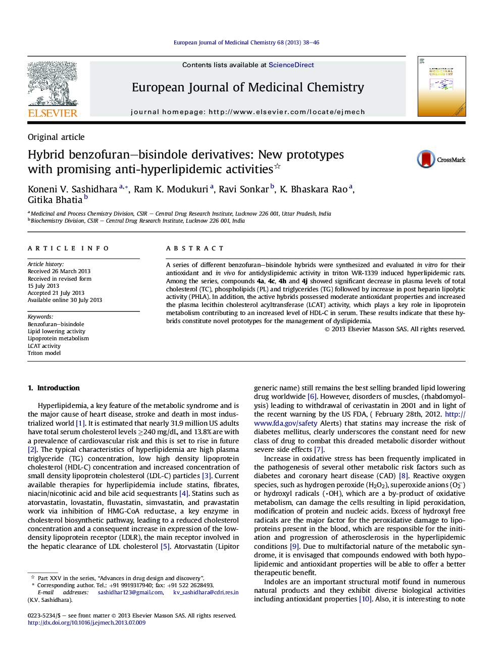 Hybrid benzofuran-bisindole derivatives: New prototypes withÂ promising anti-hyperlipidemic activities