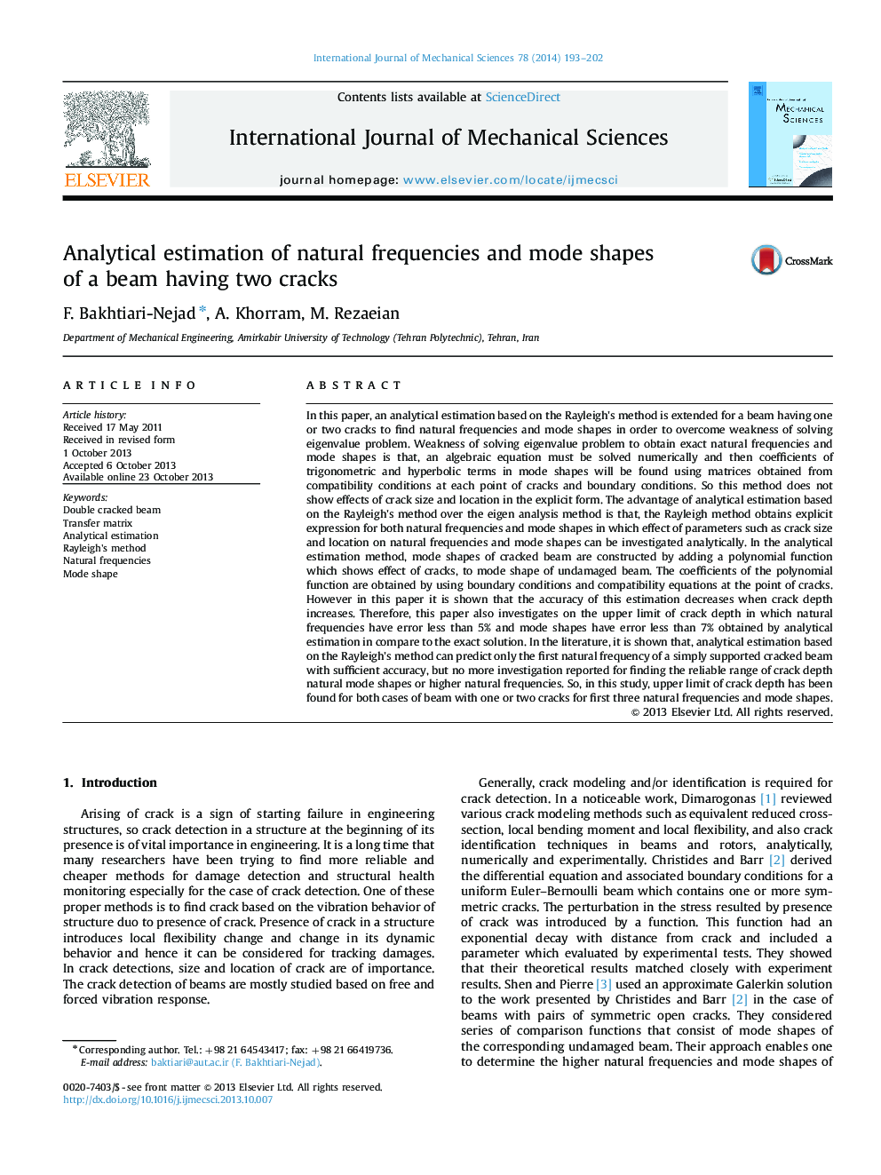 Analytical estimation of natural frequencies and mode shapes of a beam having two cracks