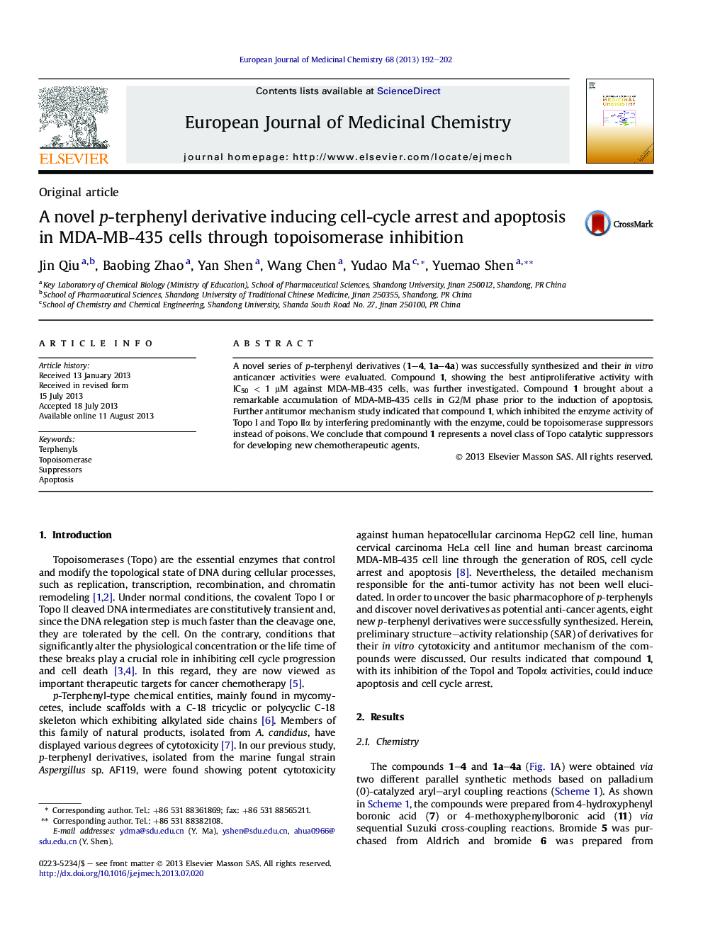 A novel p-terphenyl derivative inducing cell-cycle arrest and apoptosis in MDA-MB-435 cells through topoisomerase inhibition