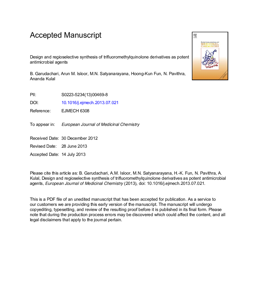 Design and regioselective synthesis of trifluoromethylquinolone derivatives as potent antimicrobial agents