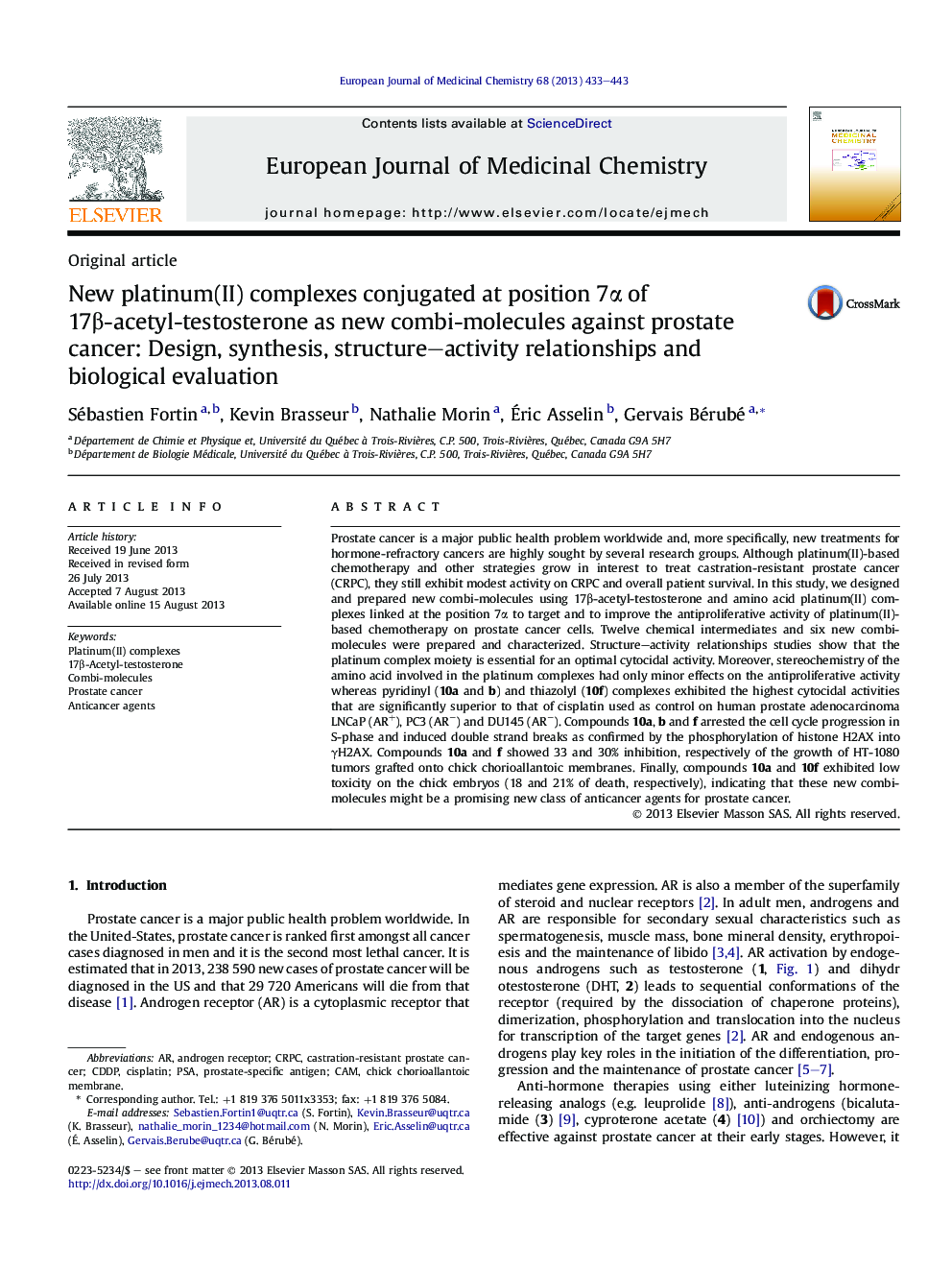 New platinum(II) complexes conjugated at position 7Î± of 17Î²-acetyl-testosterone as new combi-molecules against prostate cancer: Design, synthesis, structure-activity relationships and biological evaluation