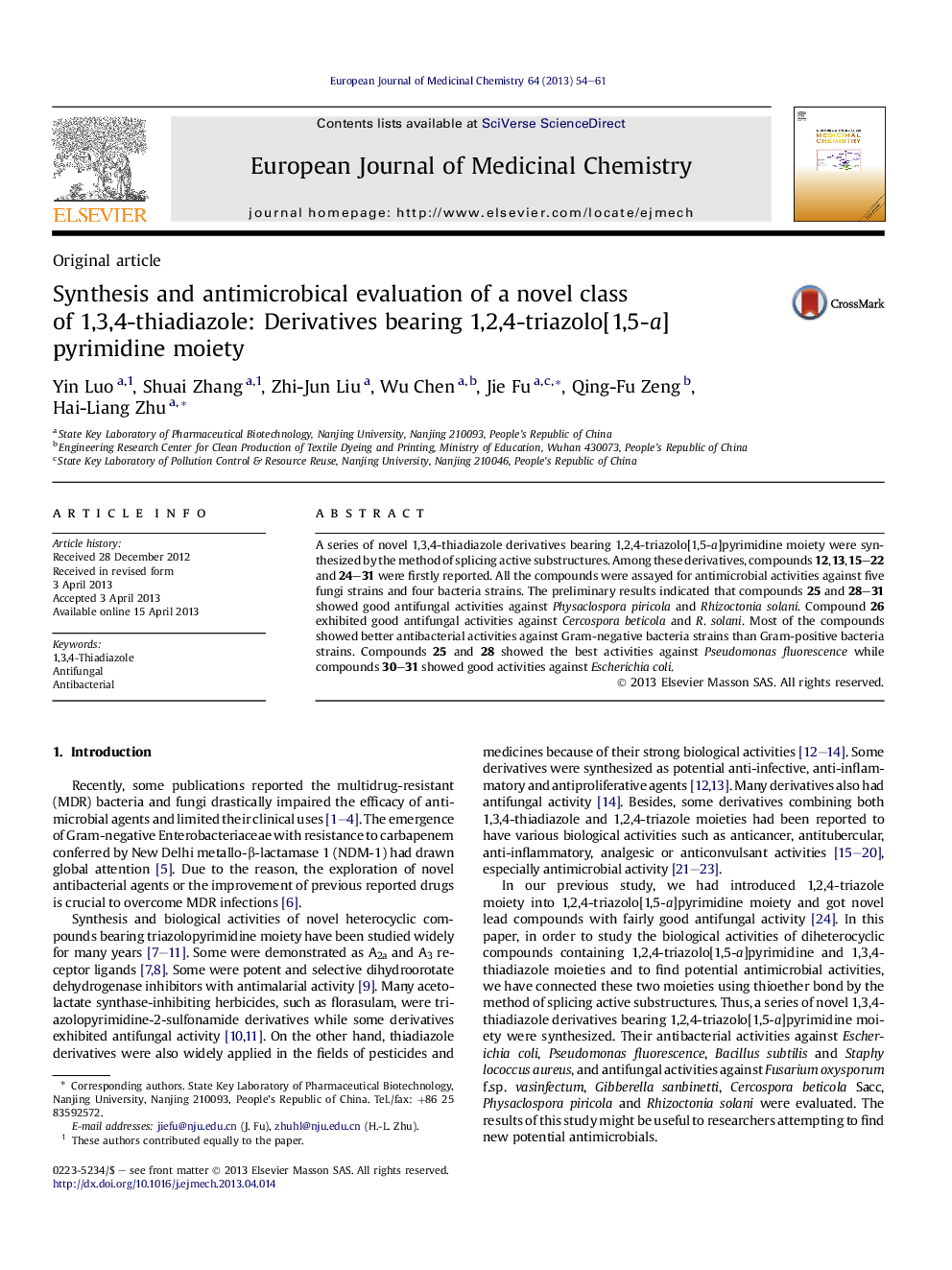 Synthesis and antimicrobical evaluation of a novel class ofÂ 1,3,4-thiadiazole: Derivatives bearing 1,2,4-triazolo[1,5-a]pyrimidine moiety