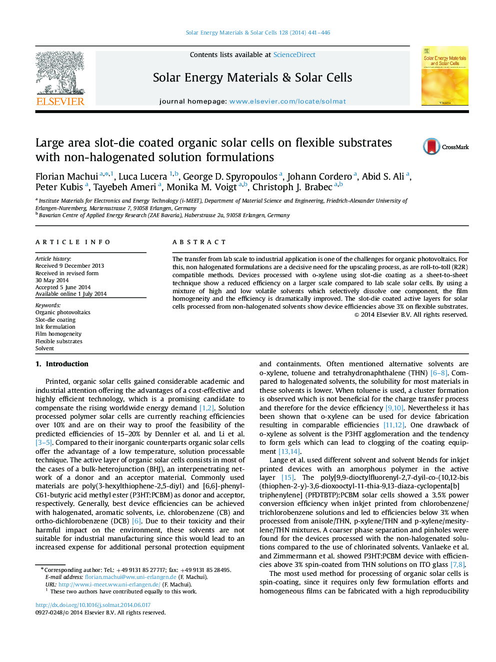 Large area slot-die coated organic solar cells on flexible substrates with non-halogenated solution formulations