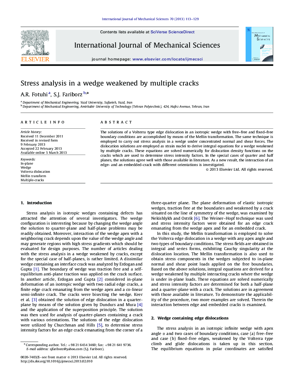 Stress analysis in a wedge weakened by multiple cracks