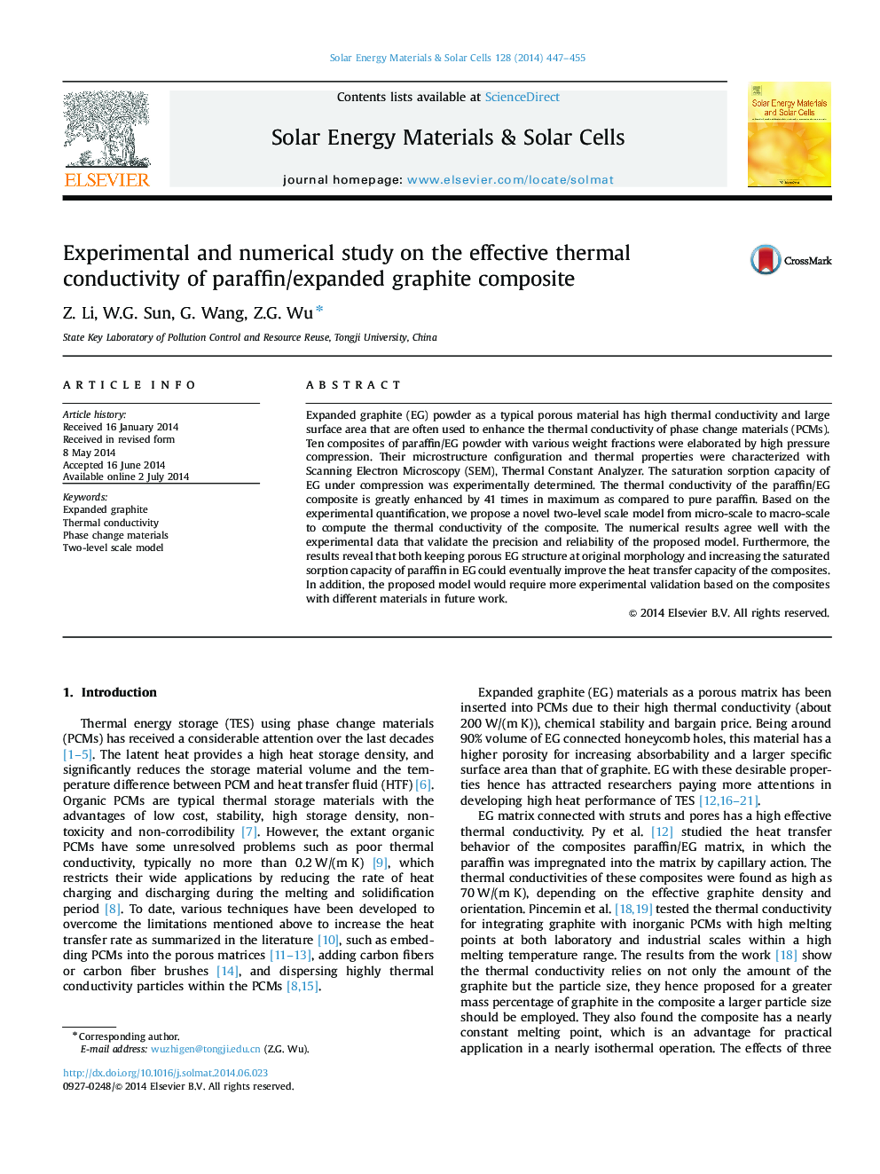 Experimental and numerical study on the effective thermal conductivity of paraffin/expanded graphite composite