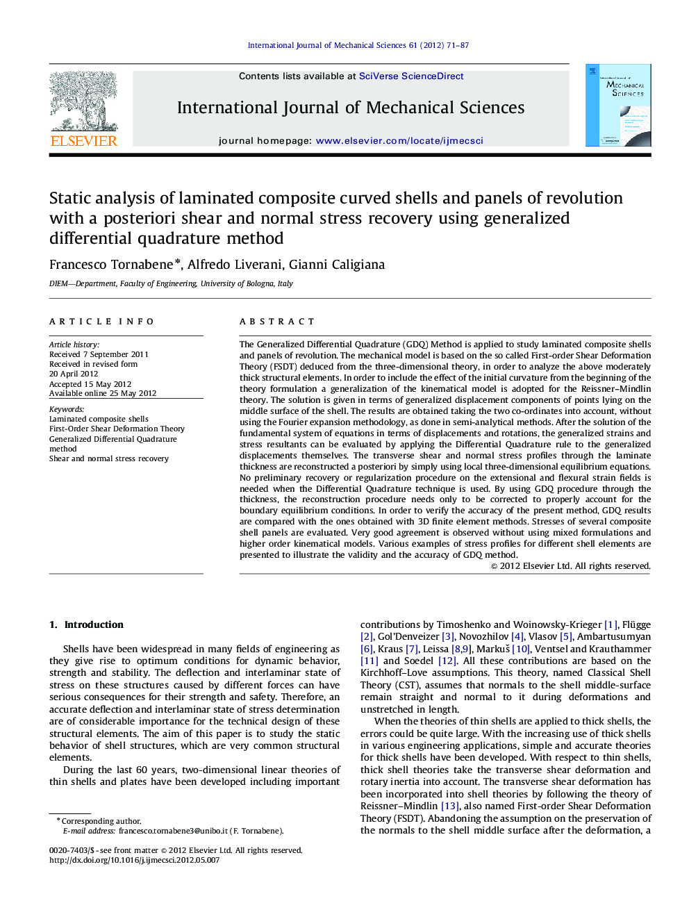 Static analysis of laminated composite curved shells and panels of revolution with a posteriori shear and normal stress recovery using generalized differential quadrature method