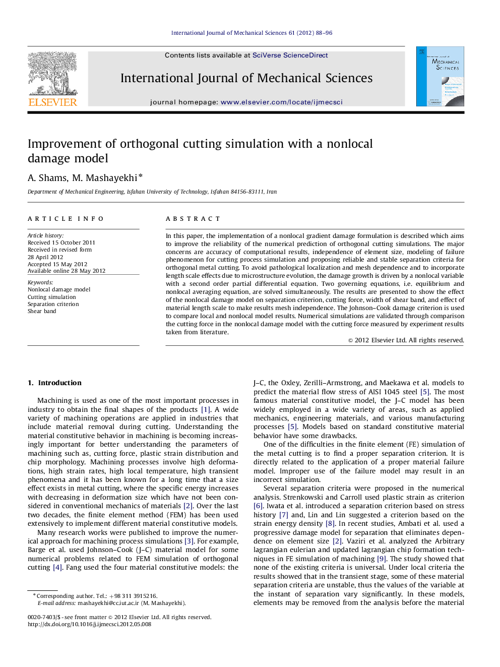 Improvement of orthogonal cutting simulation with a nonlocal damage model