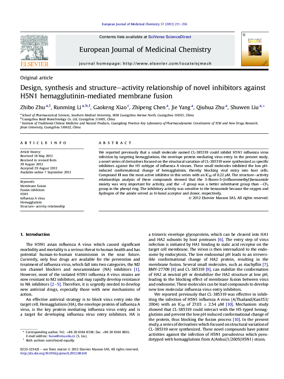 Design, synthesis and structure-activity relationship of novel inhibitors against H5N1 hemagglutinin-mediated membrane fusion