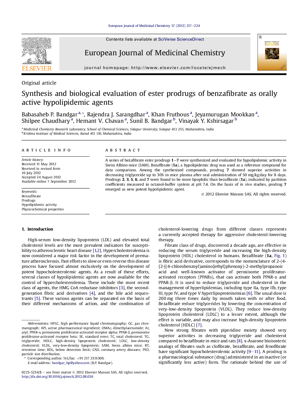 Synthesis and biological evaluation of ester prodrugs of benzafibrate as orally active hypolipidemic agents