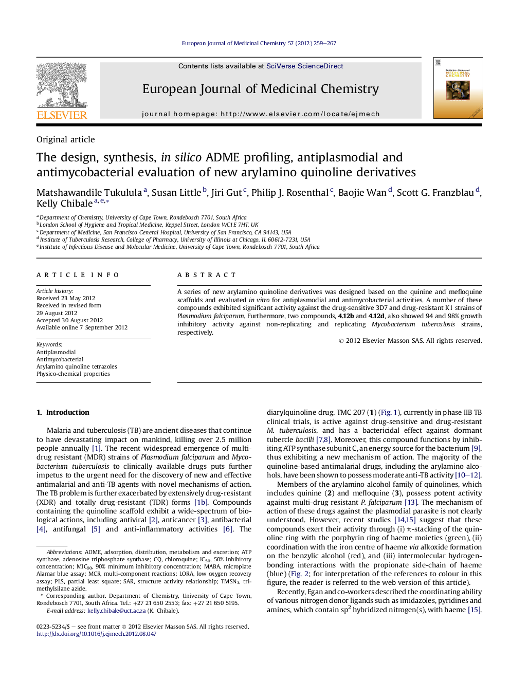 The design, synthesis, in silico ADME profiling, antiplasmodial and antimycobacterial evaluation of new arylamino quinoline derivatives