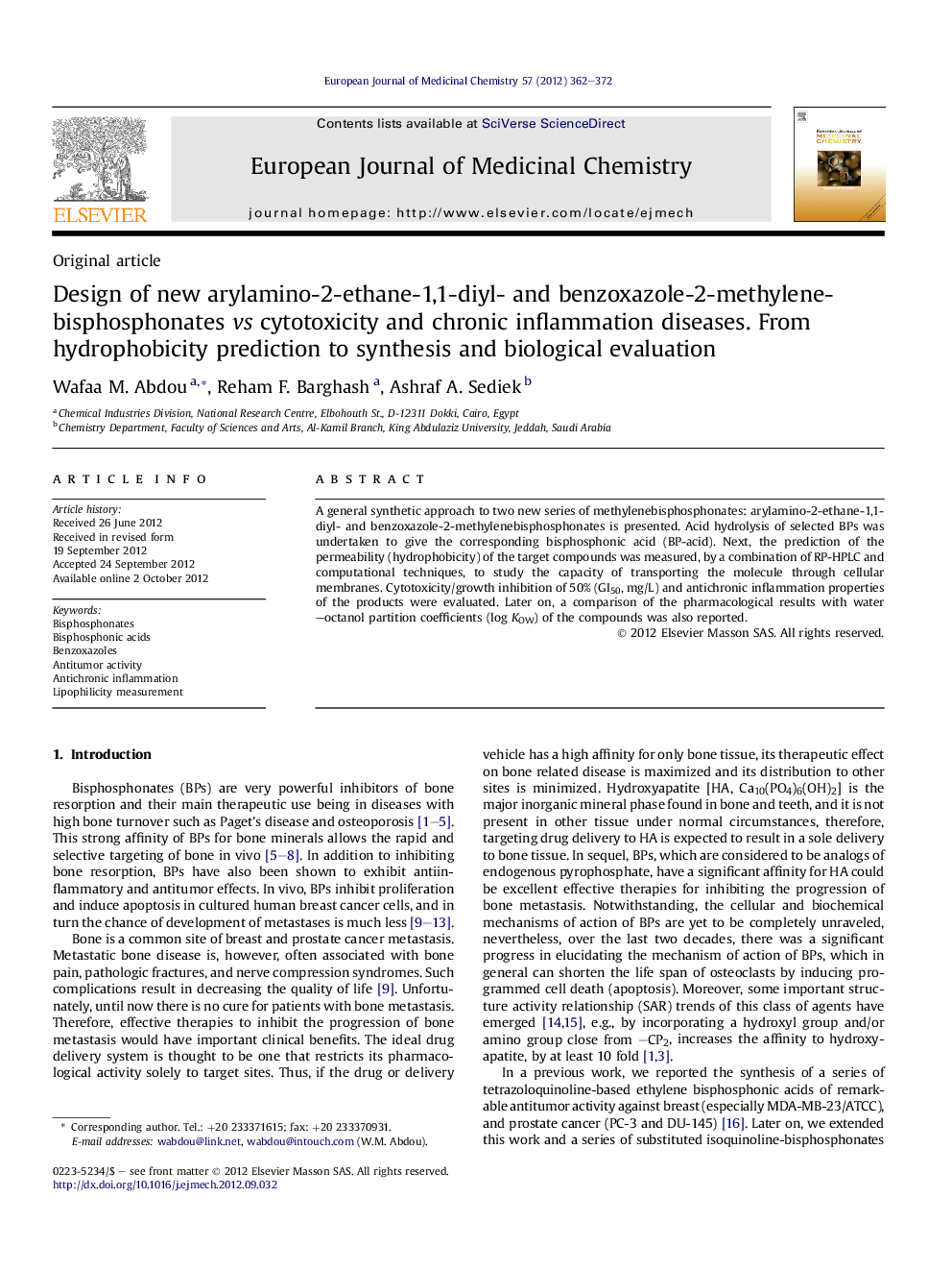 Design of new arylamino-2-ethane-1,1-diyl- and benzoxazole-2-methylene-bisphosphonates vs cytotoxicity and chronic inflammation diseases. From hydrophobicity prediction to synthesis and biological evaluation