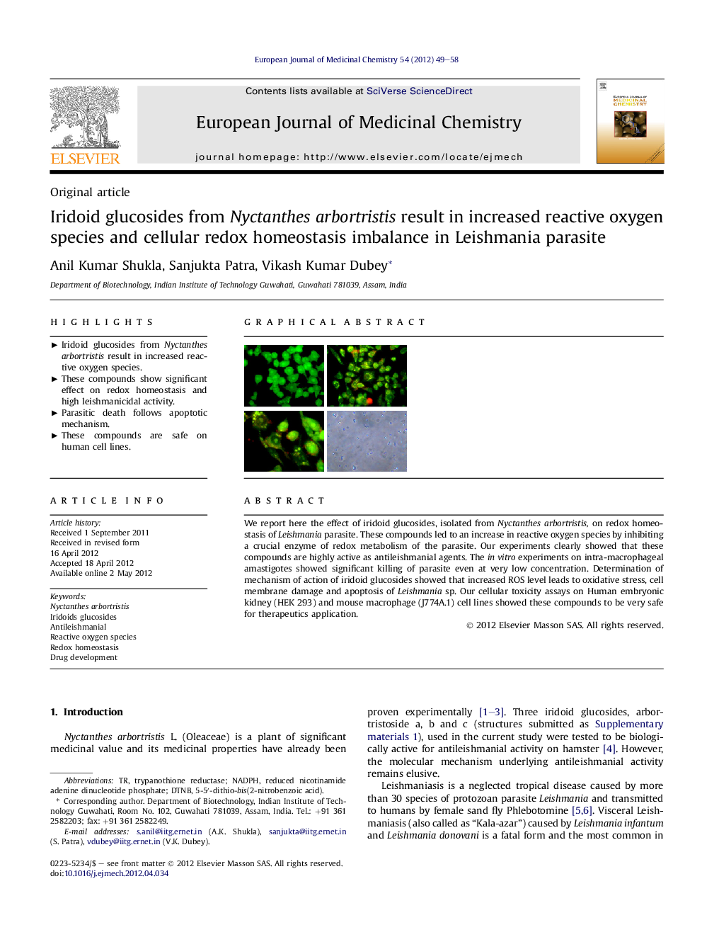 Iridoid glucosides from Nyctanthes arbortristis result in increased reactive oxygen species and cellular redox homeostasis imbalance in Leishmania parasite