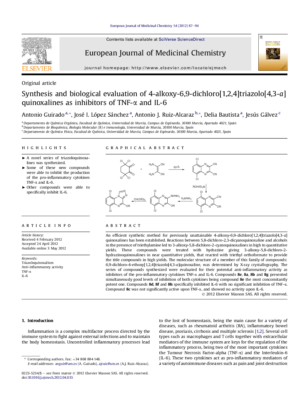 Synthesis and biological evaluation of 4-alkoxy-6,9-dichloro[1,2,4]triazolo[4,3-a]quinoxalines as inhibitors of TNF-Î± and IL-6