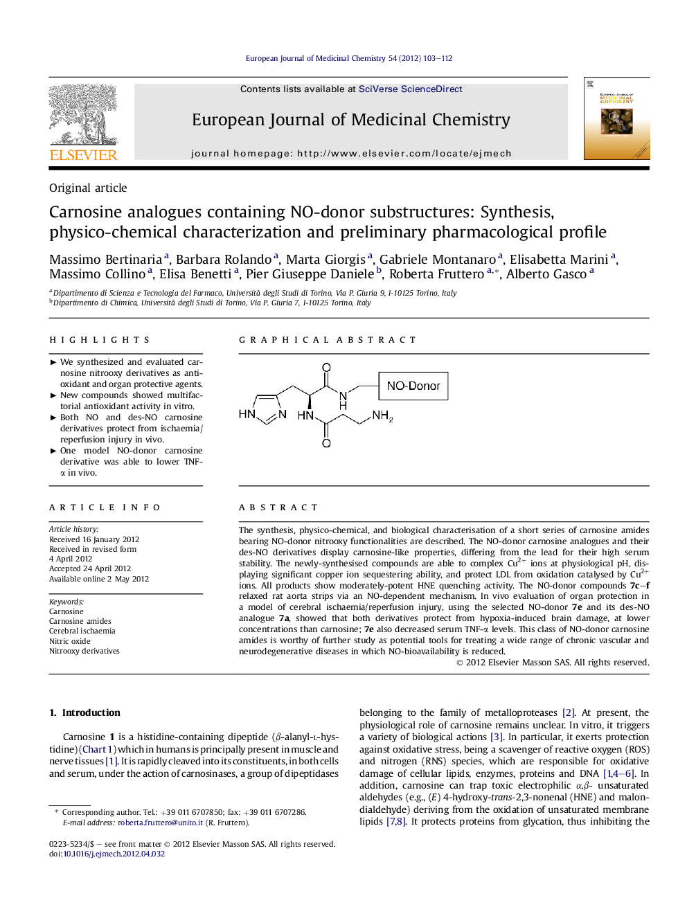 Carnosine analogues containing NO-donor substructures: Synthesis, physico-chemical characterization and preliminary pharmacological profile