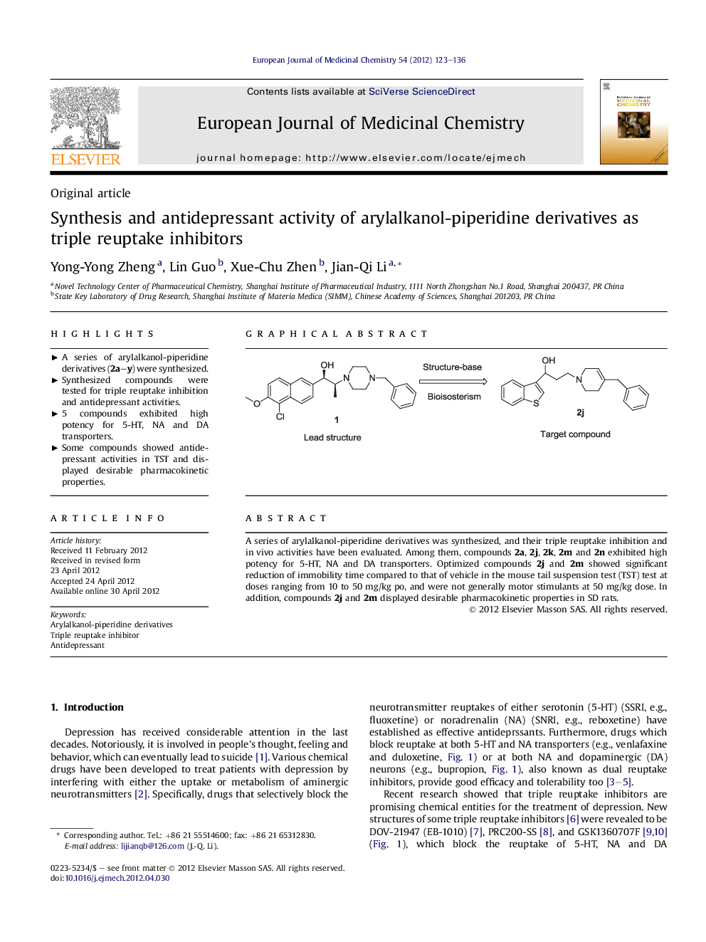 Synthesis and antidepressant activity of arylalkanol-piperidine derivatives as triple reuptake inhibitors