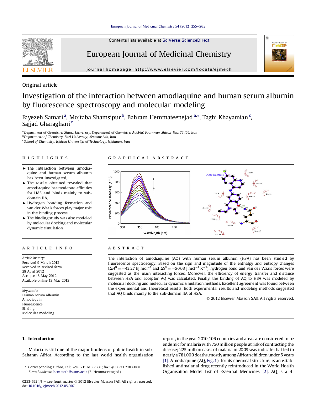 عکس صفحه اول مقاله: Investigation of the interaction between amodiaquine and human serum albumin by fluorescence spectroscopy and molecular modeling Investigation of the interaction between amodiaquine and human serum albumin by fluorescence spectroscopy and molecular modeling