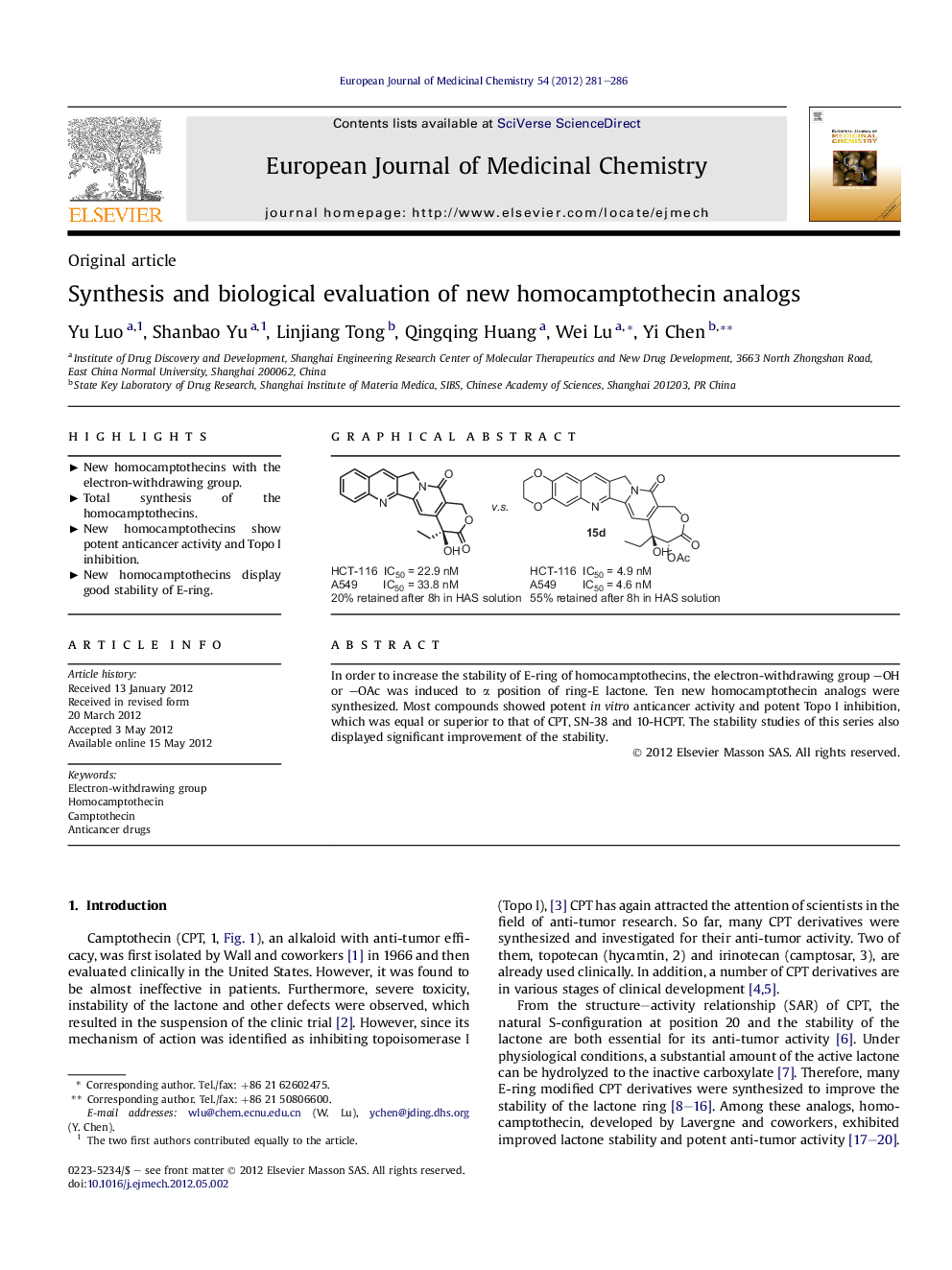 Synthesis and biological evaluation of new homocamptothecin analogs