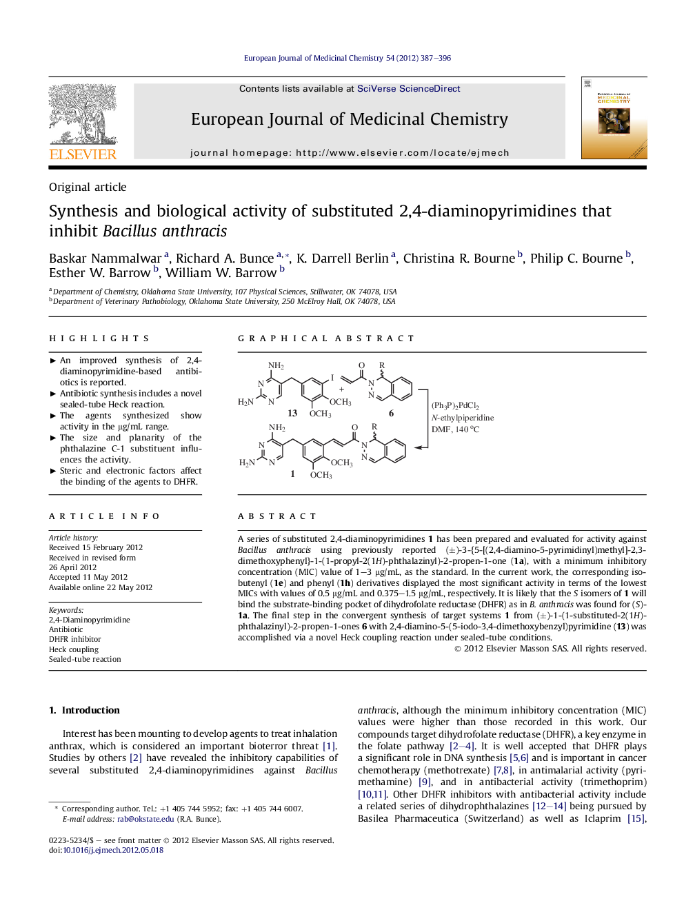 Synthesis and biological activity of substituted 2,4-diaminopyrimidines that inhibit Bacillus anthracis