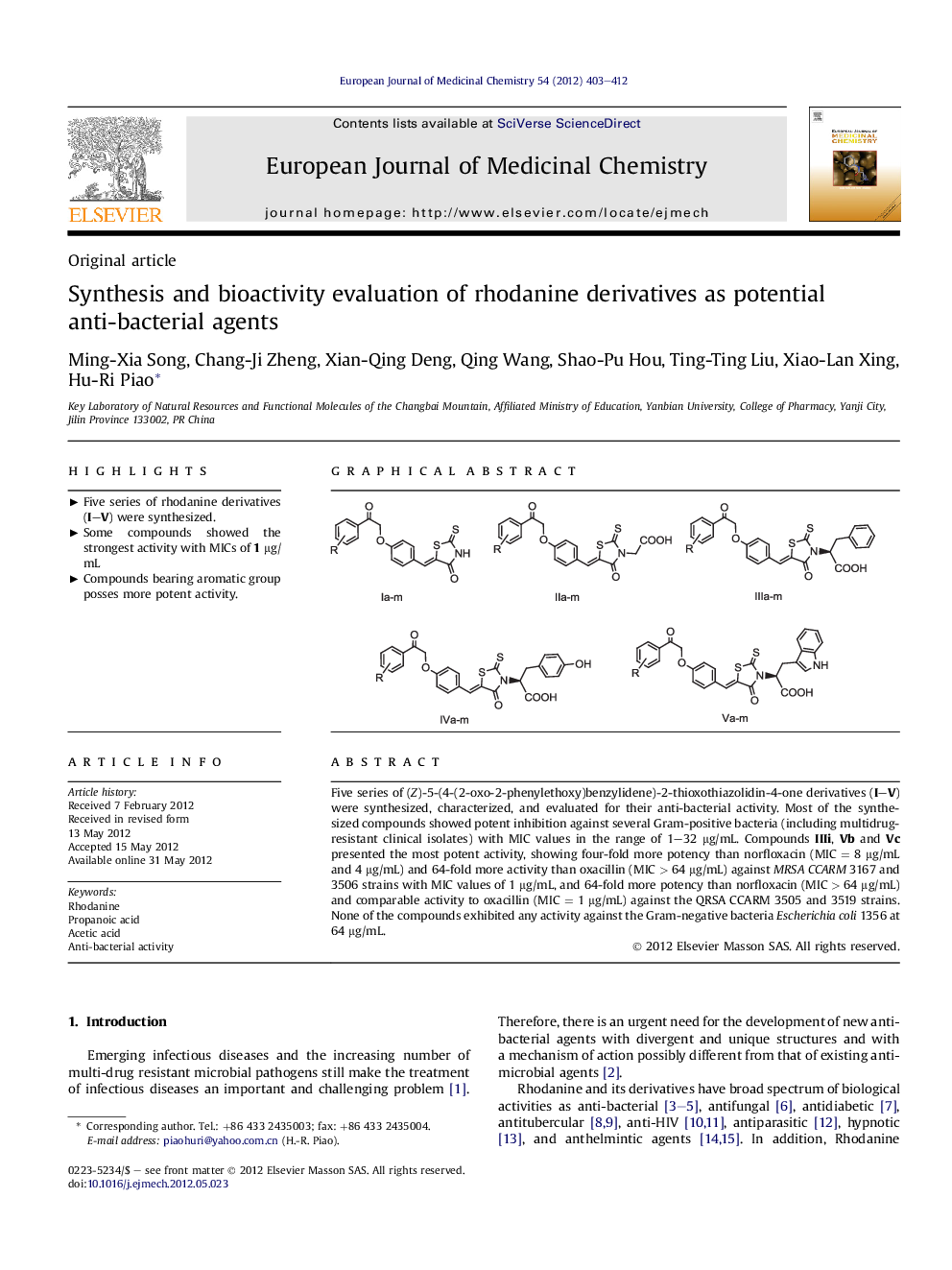 Synthesis and bioactivity evaluation of rhodanine derivatives as potential anti-bacterial agents