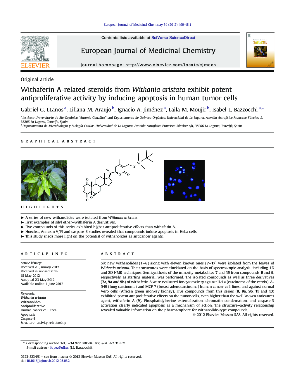 Withaferin A-related steroids from Withania aristata exhibit potent antiproliferative activity by inducing apoptosis in human tumor cells