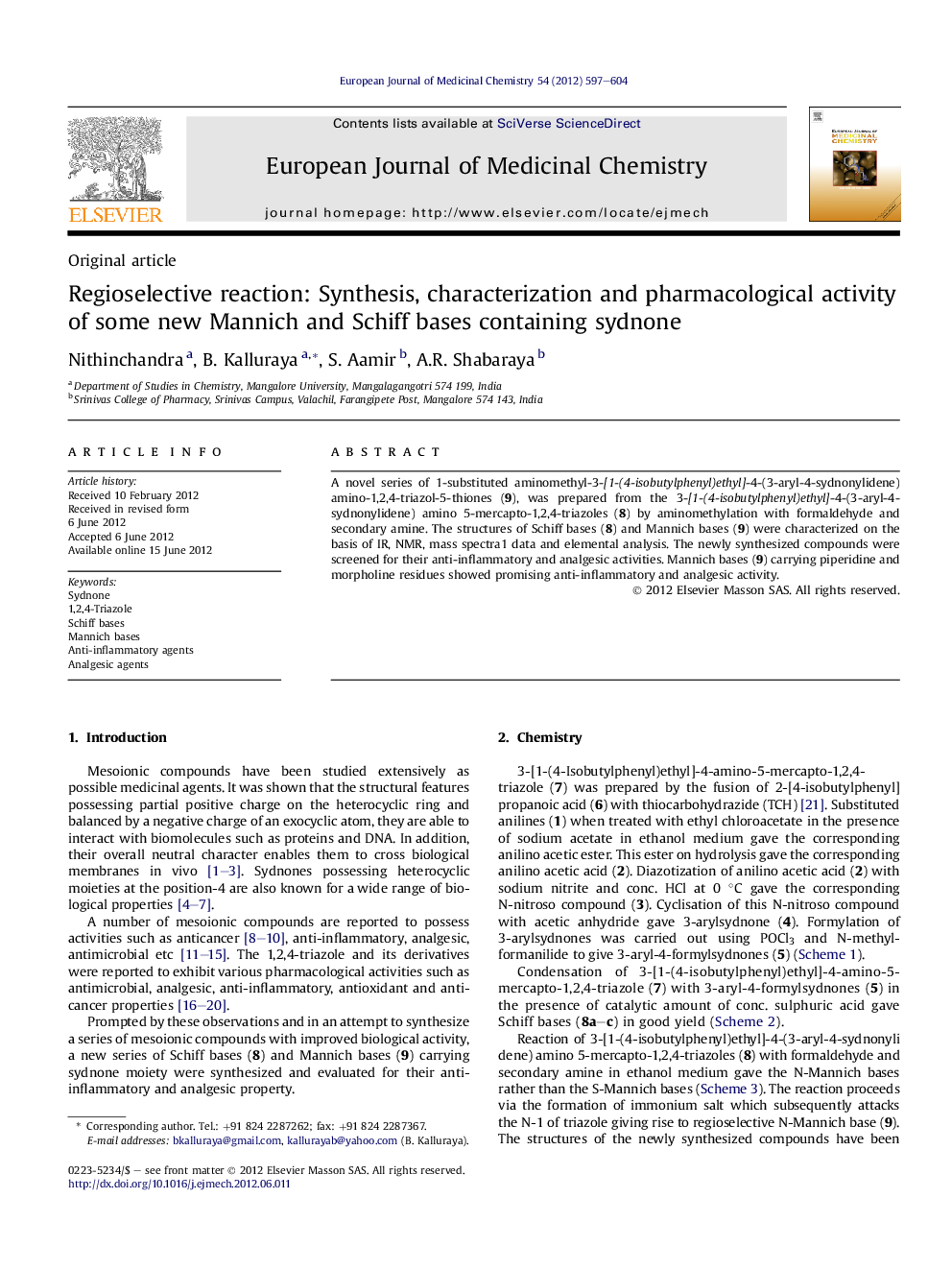 Regioselective reaction: Synthesis, characterization and pharmacological activity of some new Mannich and Schiff bases containing sydnone