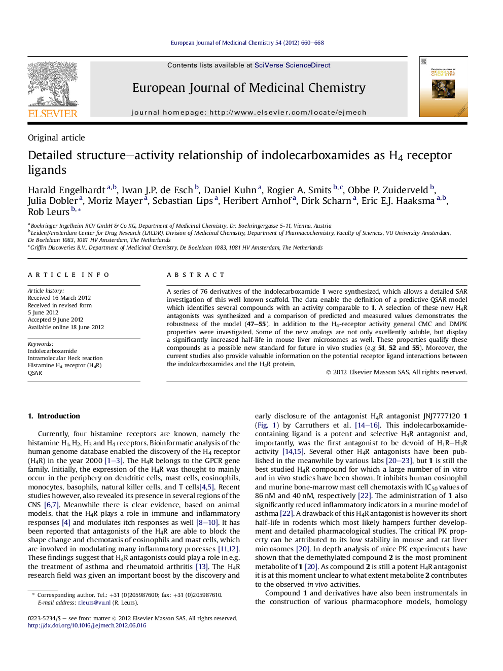 Detailed structure-activity relationship of indolecarboxamides as H4 receptor ligands
