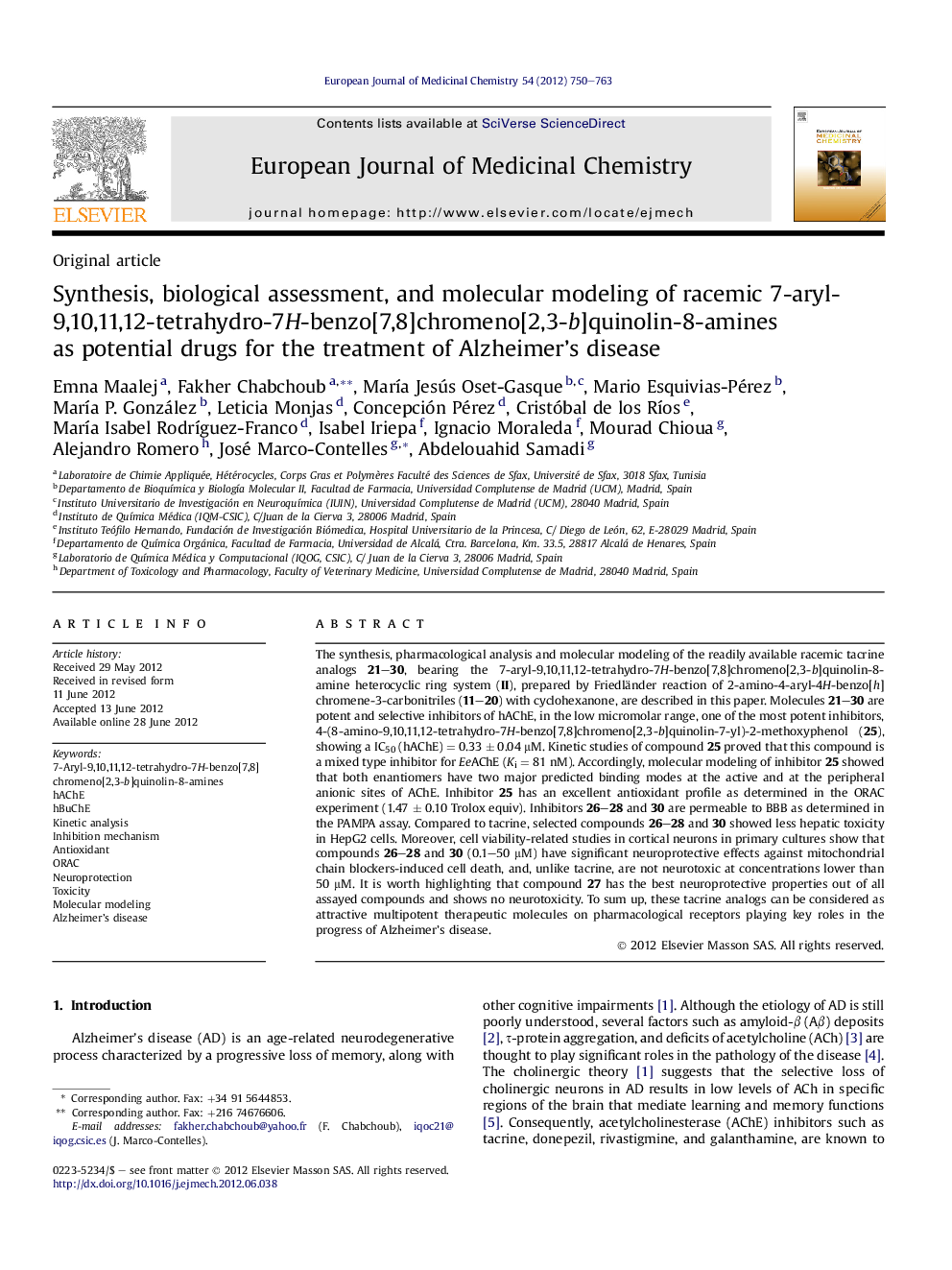 Synthesis, biological assessment, and molecular modeling of racemic 7-aryl-9,10,11,12-tetrahydro-7H-benzo[7,8]chromeno[2,3-b]quinolin-8-amines as potential drugs for the treatment of Alzheimer's disease