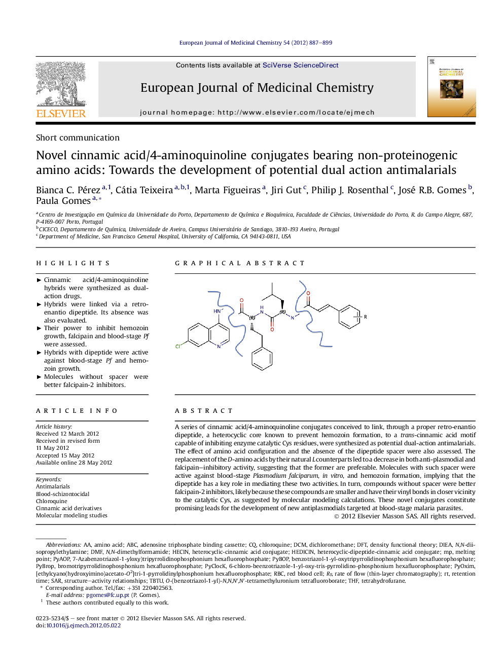 Novel cinnamic acid/4-aminoquinoline conjugates bearing non-proteinogenic amino acids: Towards the development of potential dual action antimalarials