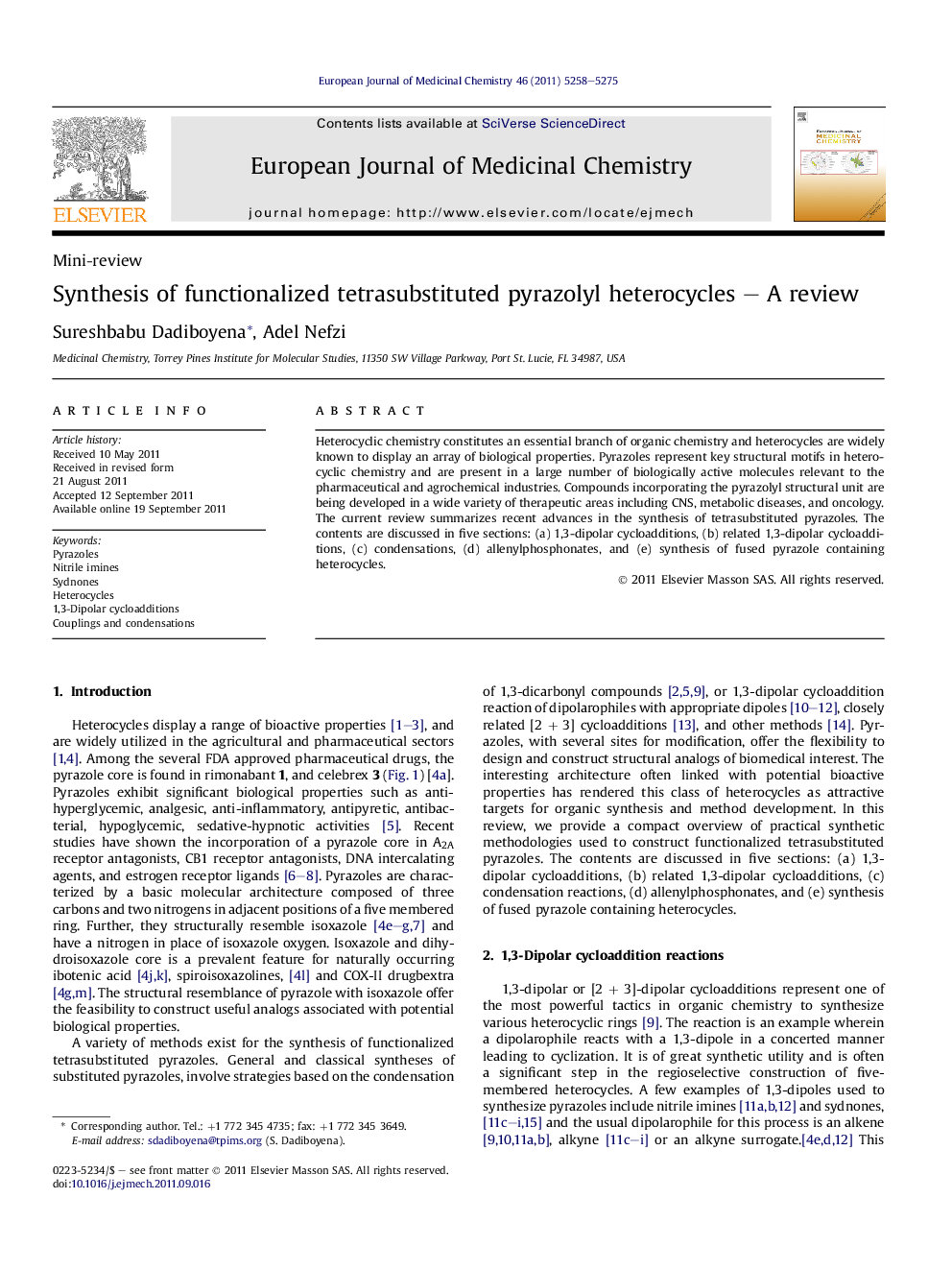 Synthesis of functionalized tetrasubstituted pyrazolyl heterocycles - A review