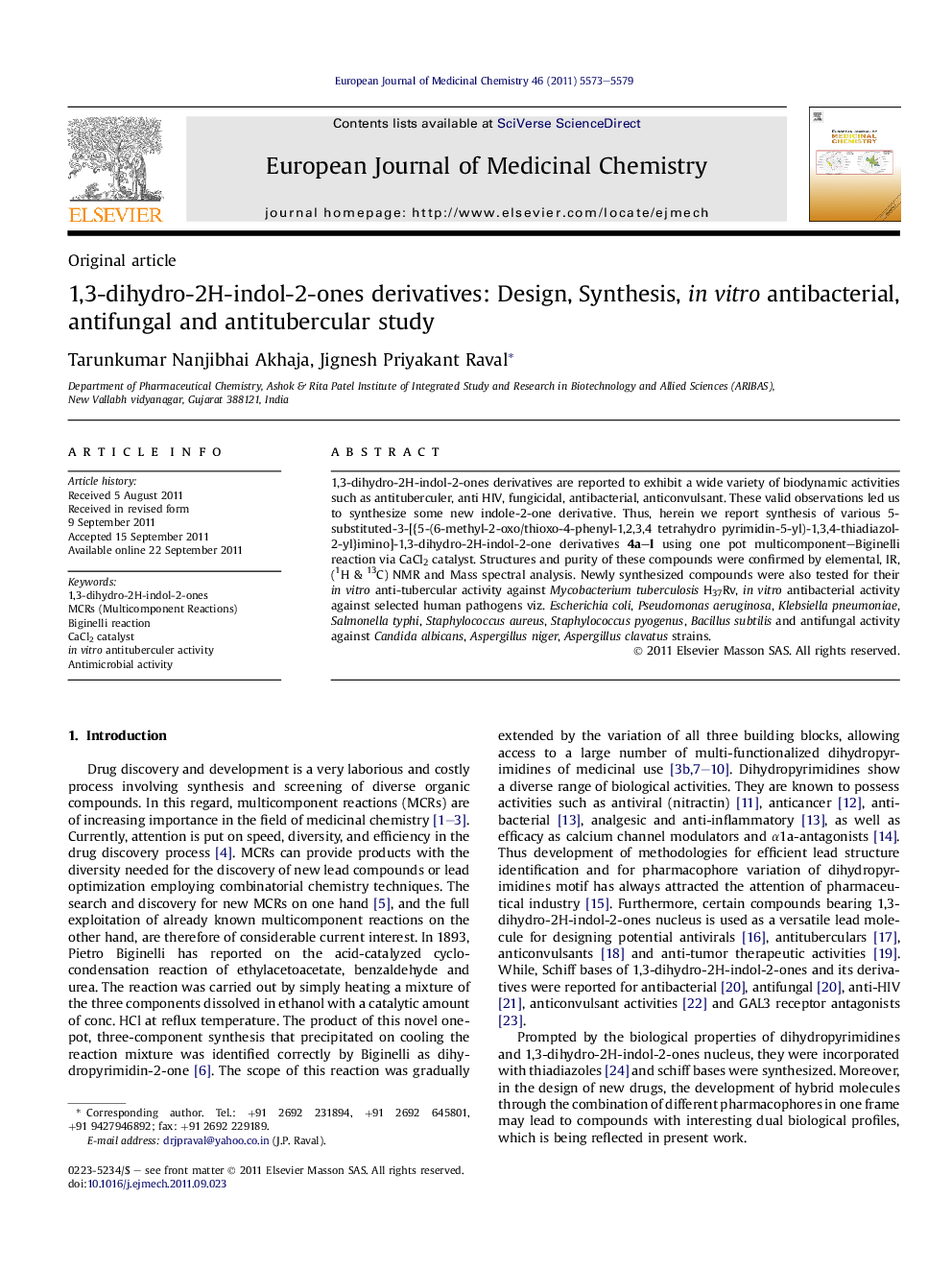 1,3-dihydro-2H-indol-2-ones derivatives: Design, Synthesis, inÂ vitro antibacterial, antifungal and antitubercular study