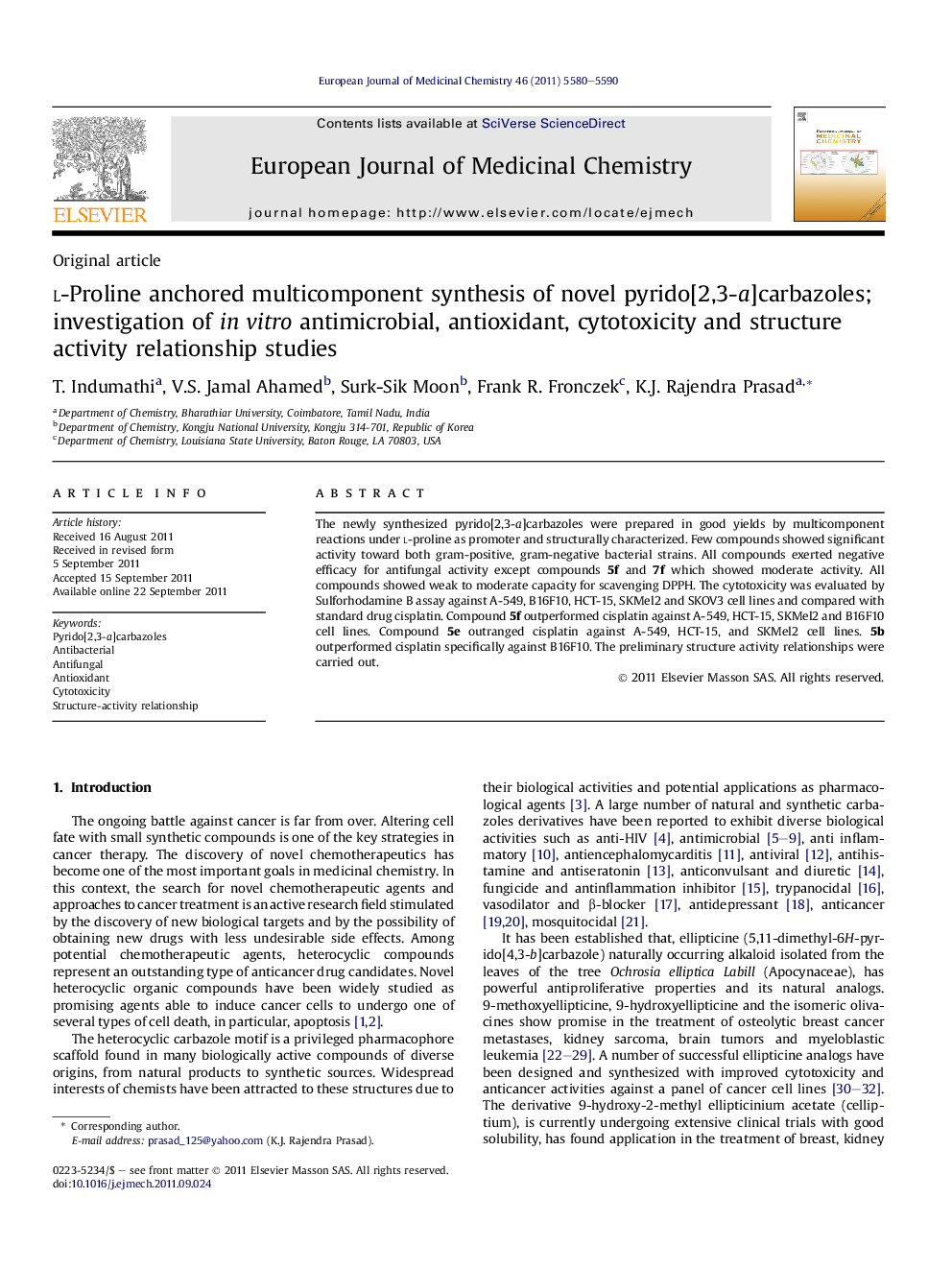 l-Proline anchored multicomponent synthesis of novel pyrido[2,3-a]carbazoles; investigation of inÂ vitro antimicrobial, antioxidant, cytotoxicity and structure activity relationship studies