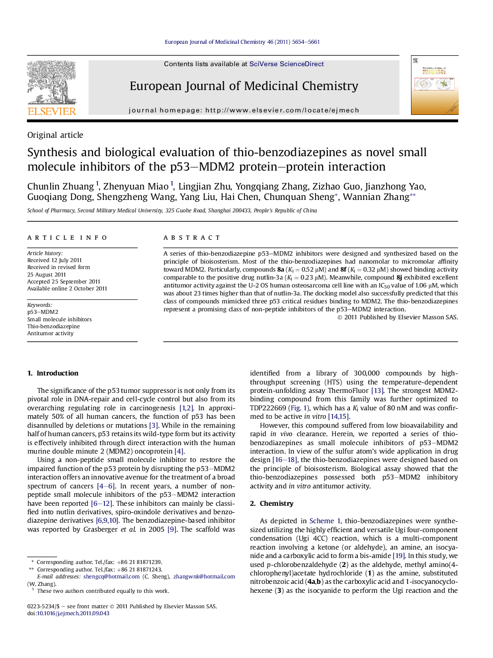 Synthesis and biological evaluation of thio-benzodiazepines as novel small molecule inhibitors of the p53-MDM2 protein-protein interaction