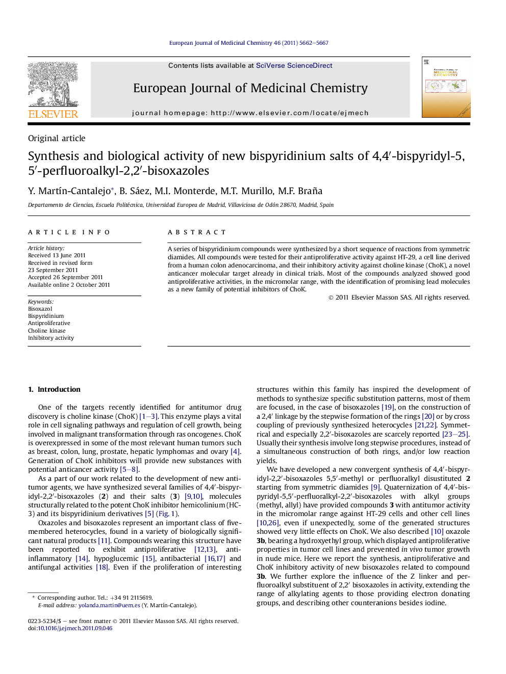 عکس صفحه اول مقاله: Synthesis and biological activity of new bispyridinium salts of 4,4â²-bispyridyl-5,5â²-perfluoroalkyl-2,2â²-bisoxazoles Synthesis and biological activity of new bispyridinium salts of 4,4â²-bispyridyl-5,5â²-perfluoroalkyl-2,2â²-bisoxazoles