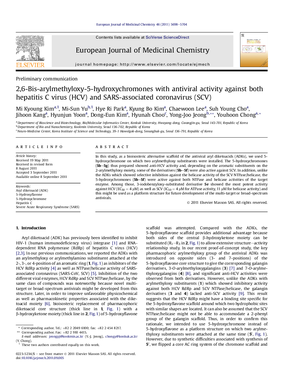 2,6-Bis-arylmethyloxy-5-hydroxychromones with antiviral activity against both hepatitis C virus (HCV) and SARS-associated coronavirus (SCV)