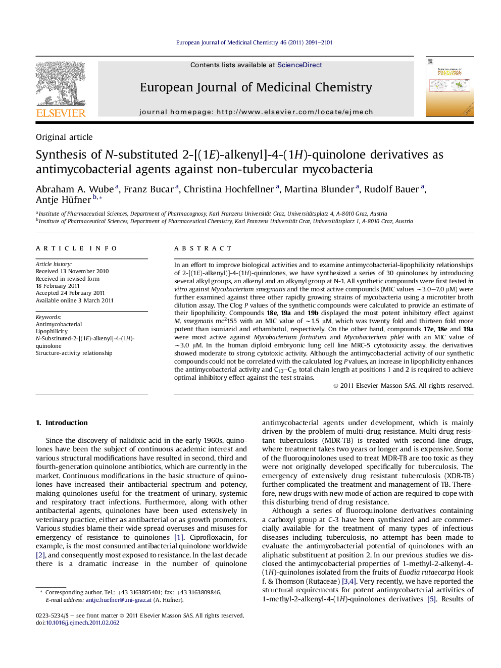 Synthesis of N-substituted 2-[(1E)-alkenyl]-4-(1H)-quinolone derivatives as antimycobacterial agents against non-tubercular mycobacteria